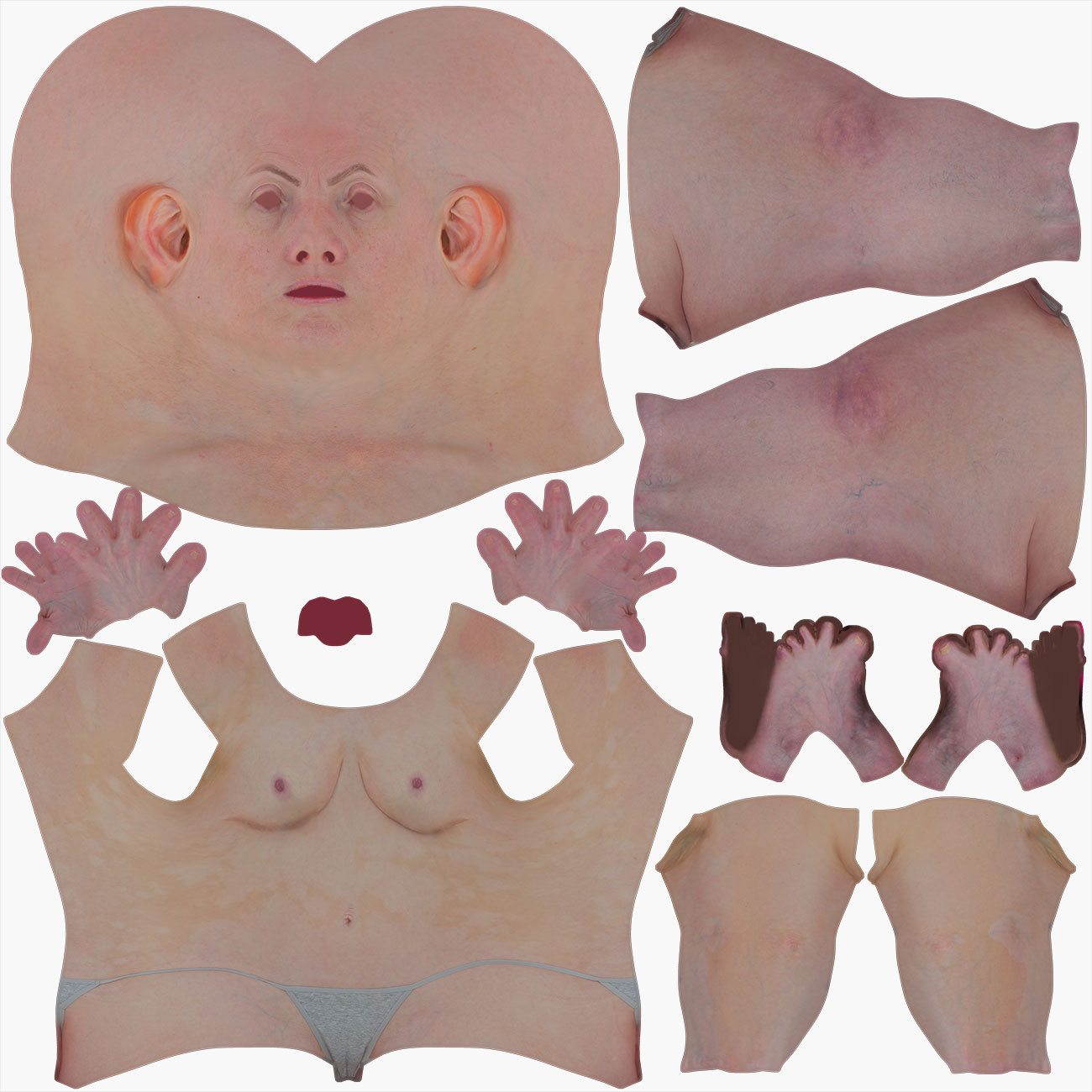 UV layout map for a female 3D body scan showing unwrapped geometry and texture island arrangement